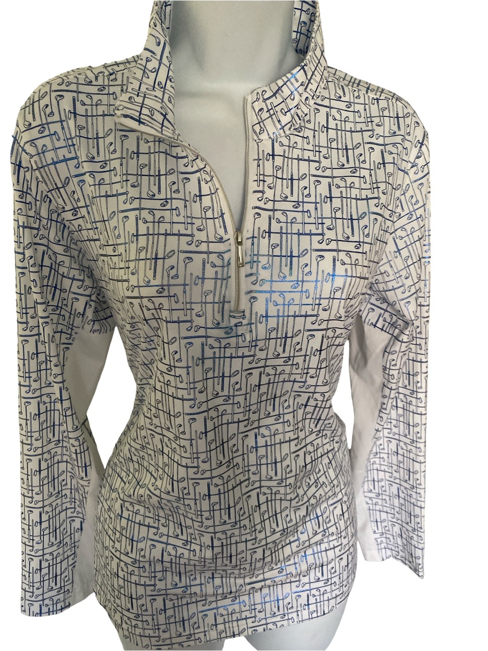 Sean Soleil Metallic White Quarter‑Zip Printed Pullover Top -M